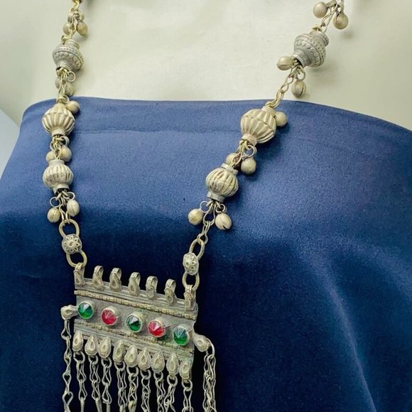 Vintage Long Chain Tribal Pendant Necklace, Gypsy Nomadic Ethnic Necklace - Picture 3 of 11